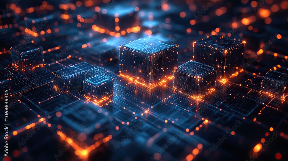 Isometric illustration of digital blocks connected in a blockchain, representing futuristic technology. Isometric illustration of digital blocks connected in a blockchain, representing futuristic technology.