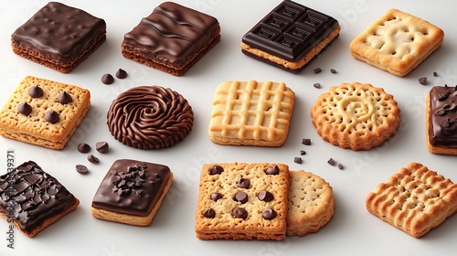 Isometric vector of various cookies, including oatmeal and chocolate sandwich cookies, on a white background.