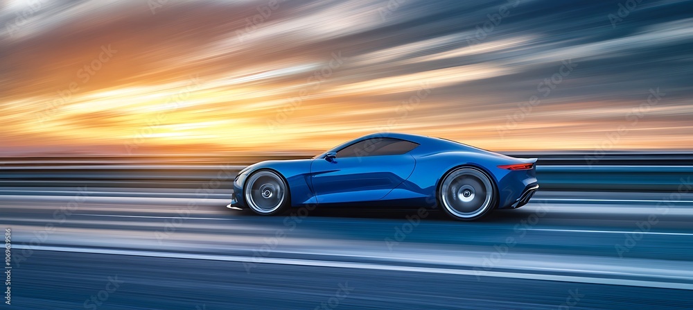 Obraz premium Blue Sports Car Speeds Through Sunset Landscape