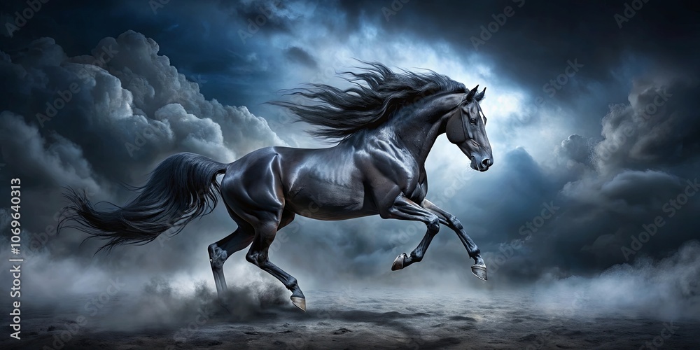 A Majestic Black Stallion Leaps Through a Stormy Sky, Its Mane and Tail Flowing in the Wind, a Symbol of Power and Freedom A Majestic Black Stallion Leaps Through a Stormy Sky, Its Mane and Tail Flowing in the Wind, a Symbol of Power and Freedom