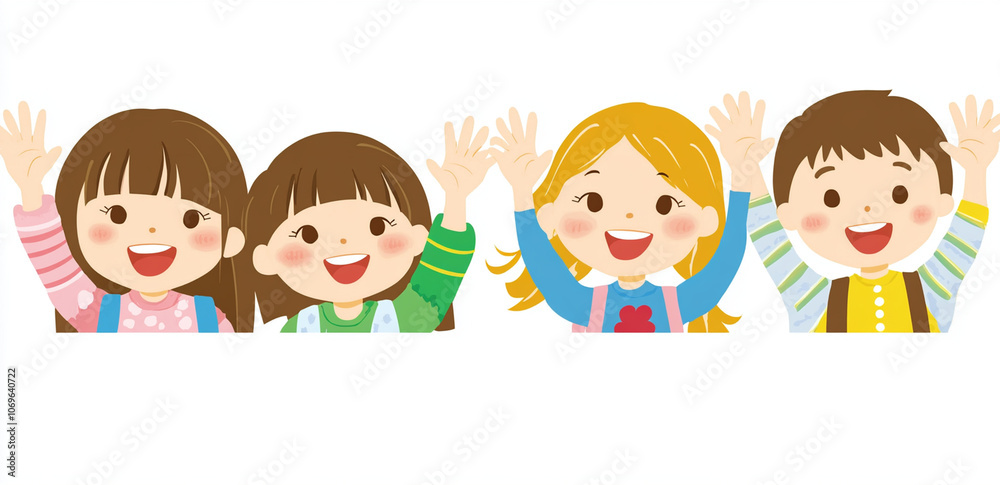 Happy children waving at camera, showcasing joy and friendship. Their cheerful expressions and playful poses create delightful atmosphere Happy children waving at camera, showcasing joy and friendship. Their cheerful expressions and playful poses create delightful atmosphere