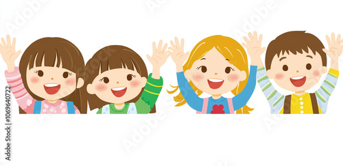 Happy children waving at camera, showcasing joy and friendship. Their cheerful expressions and playful poses create delightful atmosphere