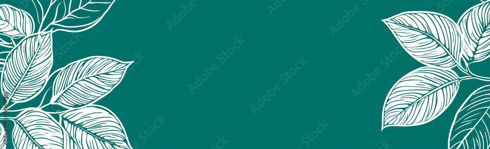 banner featuring white line drawings of leaves on teal background, creating serene and elegant atmosphere. Perfect for nature themed designs banner featuring white line drawings of leaves on teal background, creating serene and elegant atmosphere. Perfect for nature themed designs