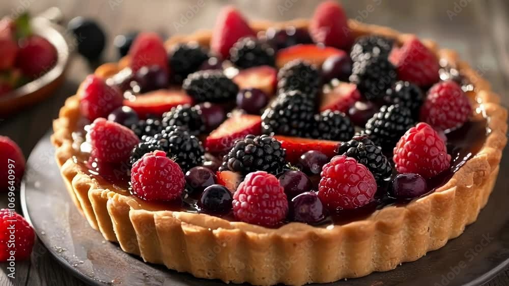 Tempting berry tart with glazed berries on a wooden table, looks fresh and delicious under warm sunlight Tempting berry tart with glazed berries on a wooden table, looks fresh and delicious under warm sunlight