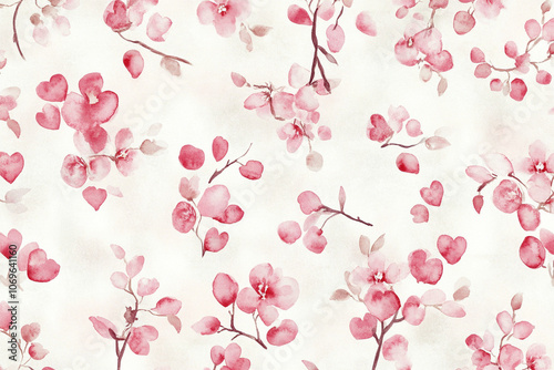 Delicate pink watercolor hearts and blossoms create charming seamless pattern, perfect for romantic designs and soft decor. This lovely artwork evokes feelings of warmth and affection