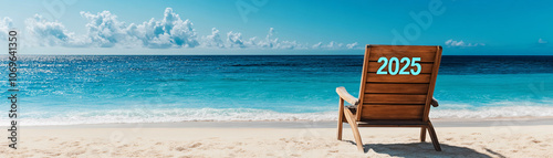 A tranquil beach scene with a reclining chair displaying '2025', perfect for promotional materials or events related to beach vacations, New Year celebrations, or wellness retreats. photo