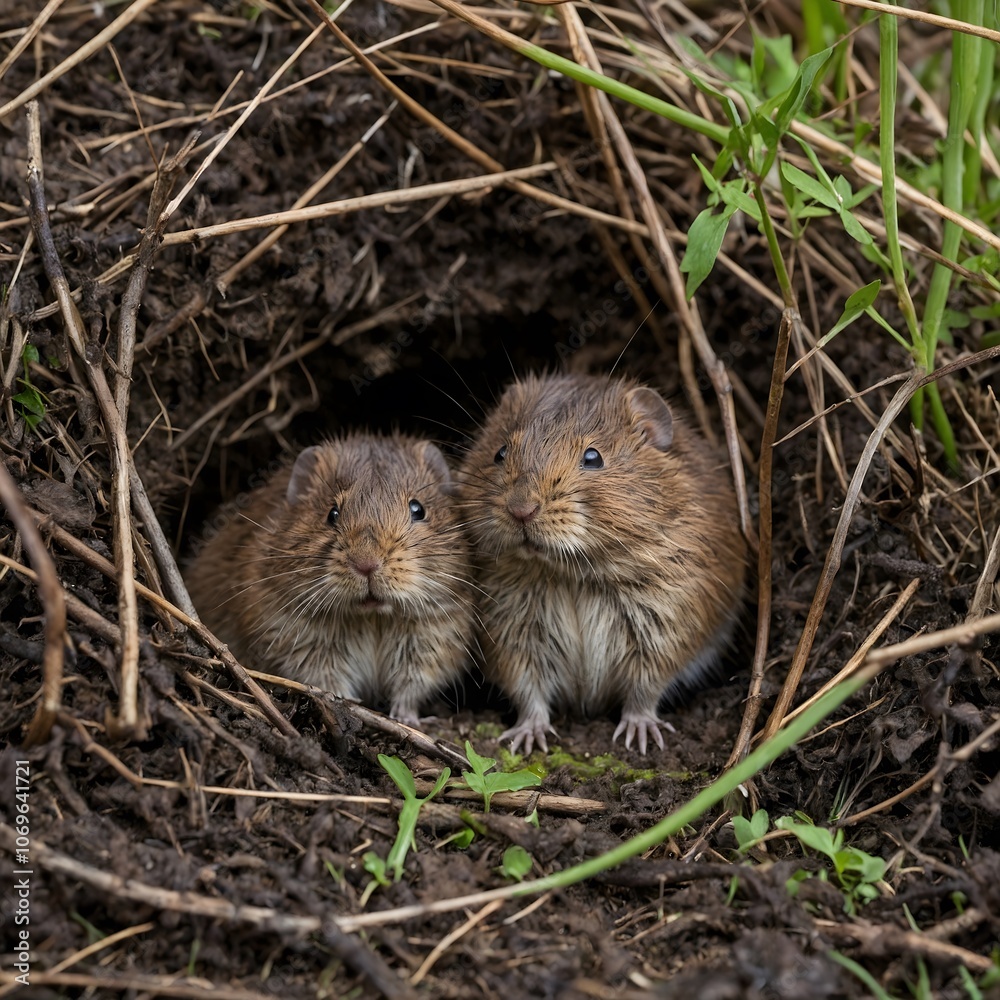 Watchful Water Vole Family by the Flowing Stream Watchful Water Vole Family by the Flowing Stream