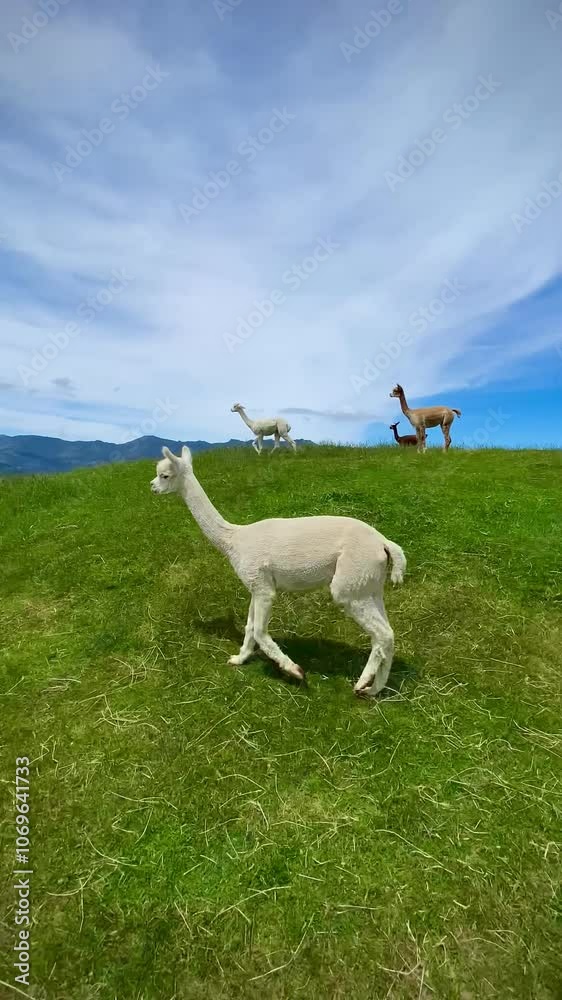 Cute alpacas walking on the farmland