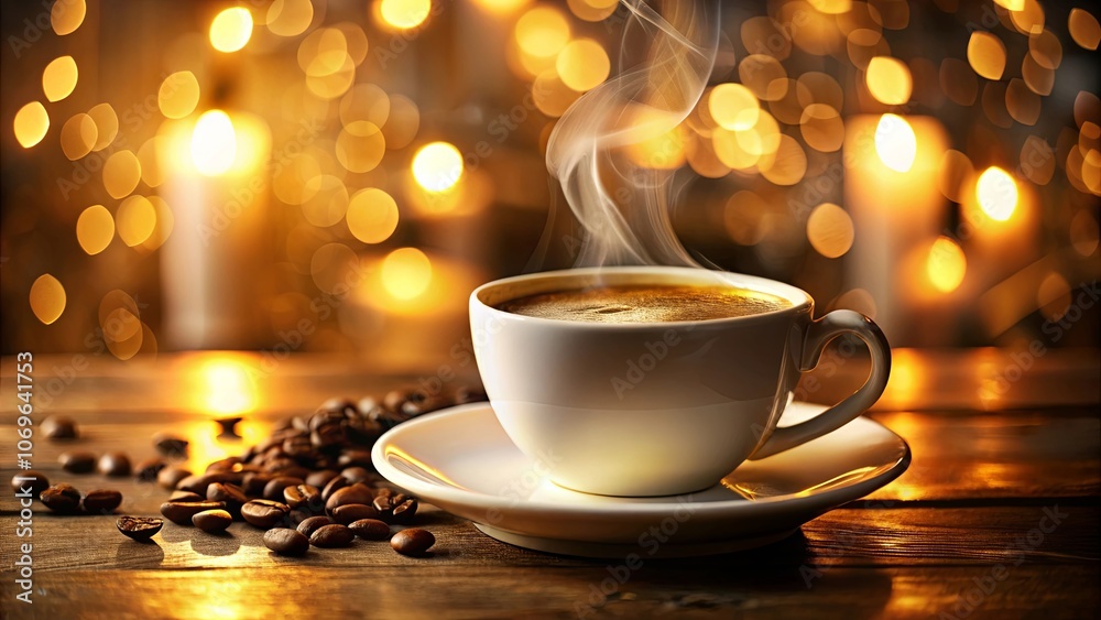 Obraz premium Warmth and Comfort A Steaming Cup of Coffee on a Wooden Table with a Softly Glowing Background