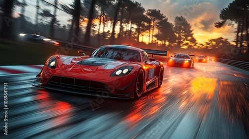 Motorsport cars racing on a track with motion blur, 3D rendered for a dynamic racing scene.