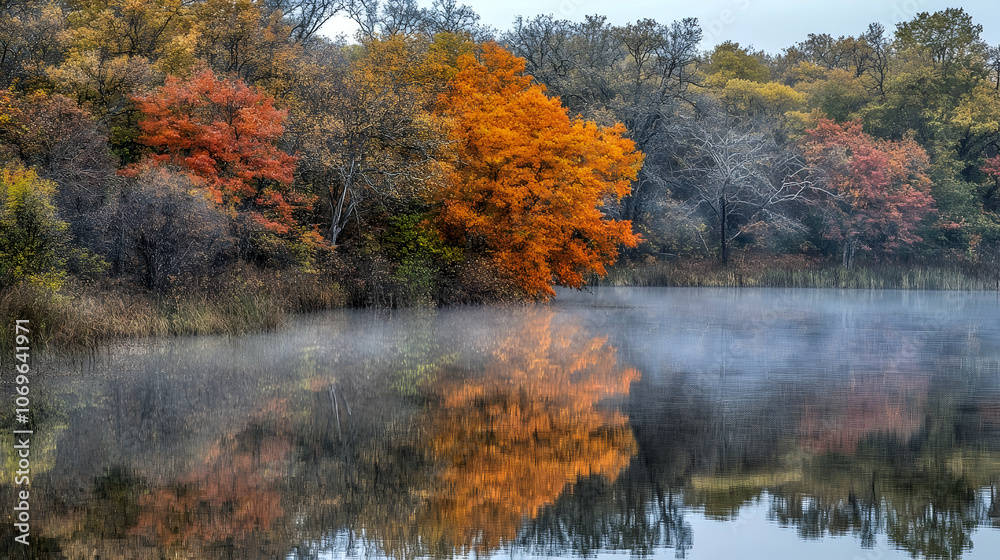 A colorful tree stands tall on the edge of a foggy lake, reflecting its vibrant autumn hues on the calm water. A colorful tree stands tall on the edge of a foggy lake, reflecting its vibrant autumn hues on the calm water.