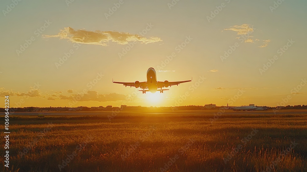 Airplane Taking Off at Sunset: Vibrant Sky and Silhouette Airplane Taking Off at Sunset: Vibrant Sky and Silhouette