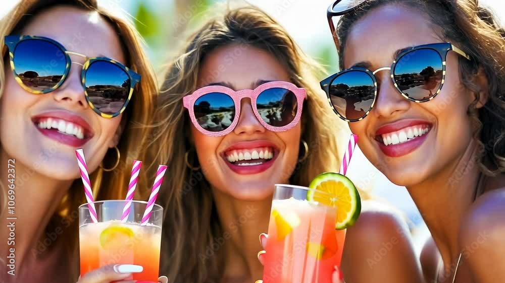 Three joyful young women wearing sunglasses share laughs over colorful summer drinks in warm daylight, reflecting friendship and relaxation themes, clad in light summer attire.