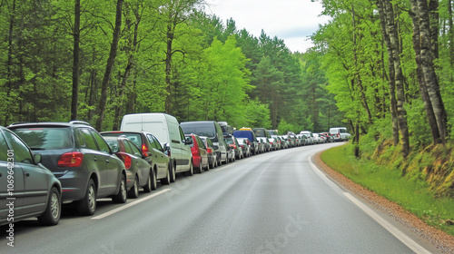 Heavy traffic jam during rush hour causing road congestion and delays photo