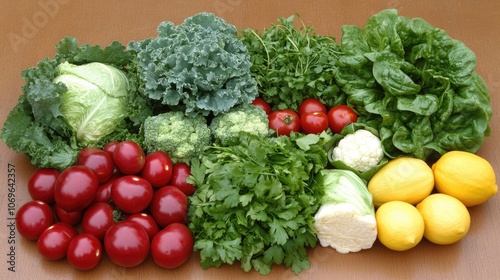 Fresh Assorted Vegetables and Fruits Displayed on Wooden Table