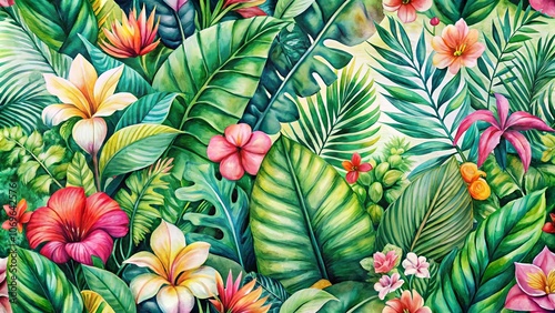 A lush watercolor depiction of vibrant tropical flora, showcasing a tapestry of leaves, blossoms, and intricate details, capturing the essence of a flourishing jungle paradise.