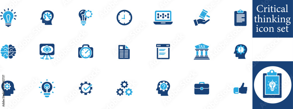 Critical thinking icon set. Containing think, problem-solving, analysis, reasoning, evaluation, experience, research, logic Critical thinking icon set. Containing think, problem-solving, analysis, reasoning, evaluation, experience, research, logic