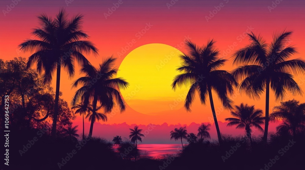 Obraz premium A vibrant sunset over a beach with silhouettes of palm trees.
