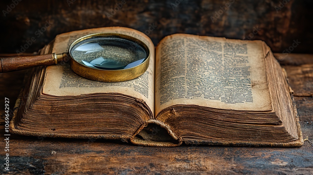 Obraz premium Opened vintage book, magnifying glass, and detective accessories set against a brown background, suggesting mystery or evidence.