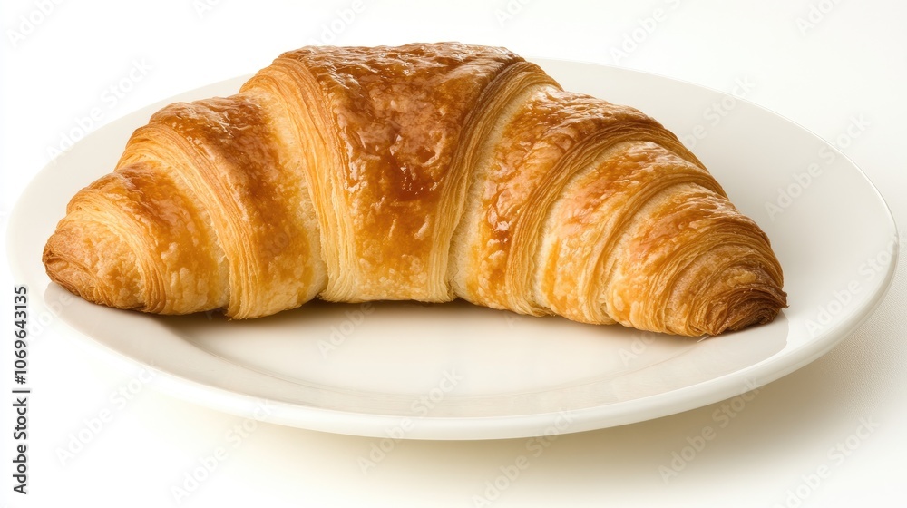 Golden Croissant on White Plate: Classic French Pastry for Breakfast Golden Croissant on White Plate: Classic French Pastry for Breakfast