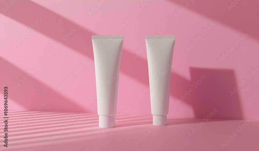 Two white tubes on a pink surface with shadows from blinds above. Two white tubes on a pink surface with shadows from blinds above.