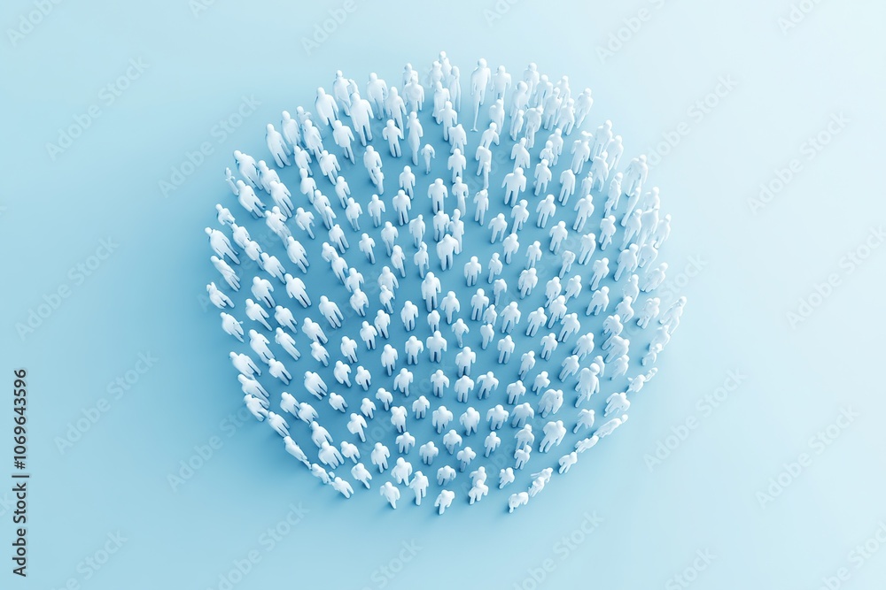 A large group of white figures forming a circle on a light blue background.