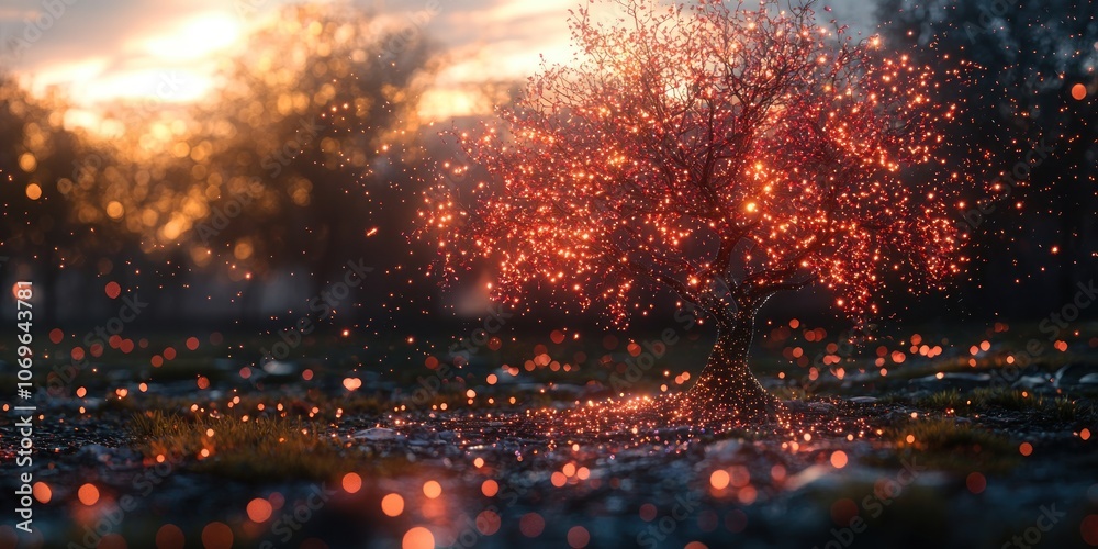 A glowing tree in a field of light with a blurred background A glowing tree in a field of light with a blurred background
