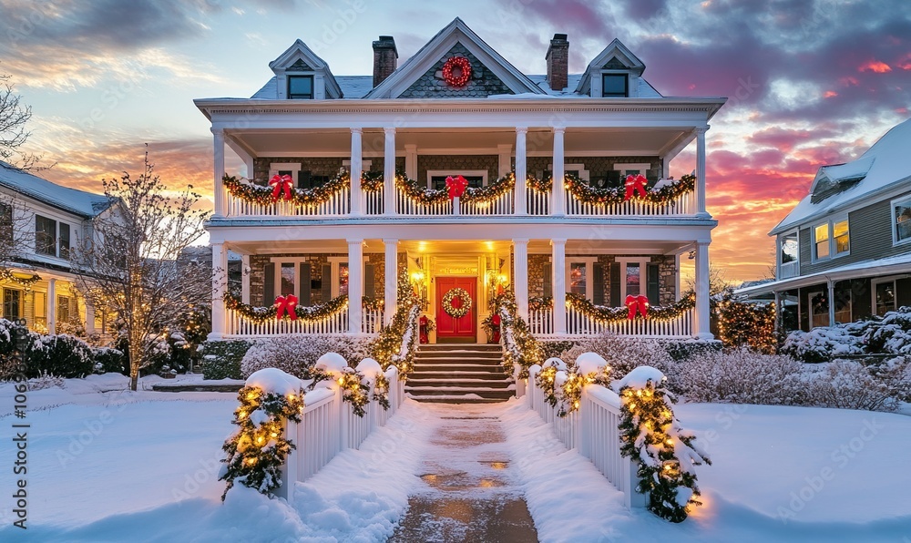 Fototapeta premium A grand Victorian home with a festive Christmas decor, glowing with warm lights, set against a backdrop of a vibrant sunset sky. The snow-covered lawn adds to the winter charm.