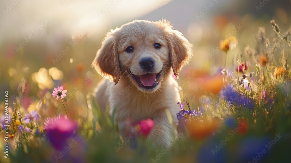 A playful golden retriever happily frolics through a field of colorful wildflowers, basking in the warm sunlight of a beautiful day, with its ears flopping in the gentle breeze. A playful golden retriever happily frolics through a field of colorful wildflowers, basking in the warm sunlight of a beautiful day, with its ears flopping in the gentle breeze.