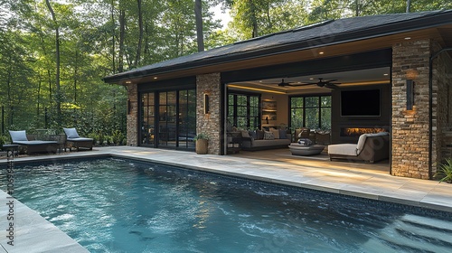 Placement of an outdoor air heat pump near a pool house for energy-efficient cooling.