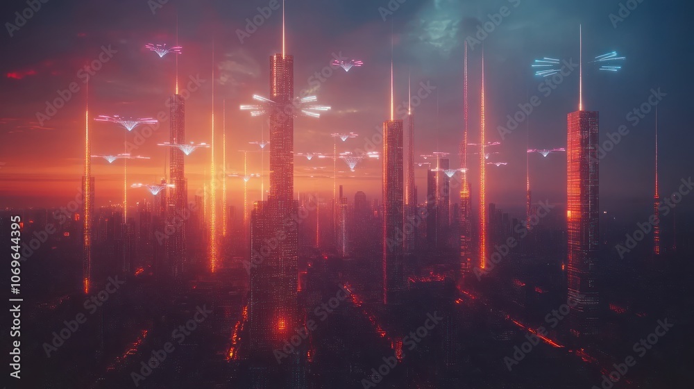 Fototapeta premium A futuristic quantum-powered city with towering skyscrapers glowing with quantum technology, connected by luminous energy lines, with drones and AI systems optimizing the environment in real-time