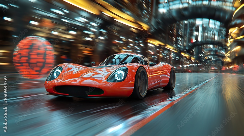 Race car passing the finish line with motion blur, rendered in 3D to capture the dynamic moment. Race car passing the finish line with motion blur, rendered in 3D to capture the dynamic moment.