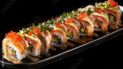 Freshly prepared sushi rolls featuring vibrant salmon and crunchy vegetables, artfully displayed on a stylish black platter, create a delightful culinary experience.