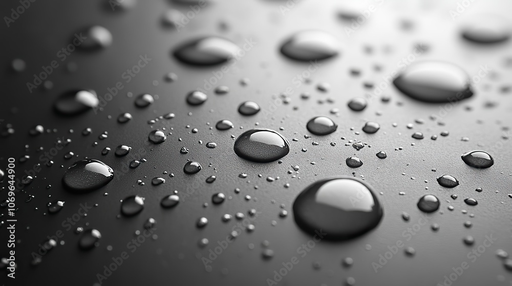 Raindrops falling on a gray background create realistic bubbles on a wet surface. Raindrops falling on a gray background create realistic bubbles on a wet surface.