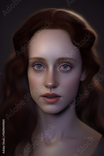 Serene 3D Character Model Portrait of a Young Woman with Curly Hair and Ethereal Beauty