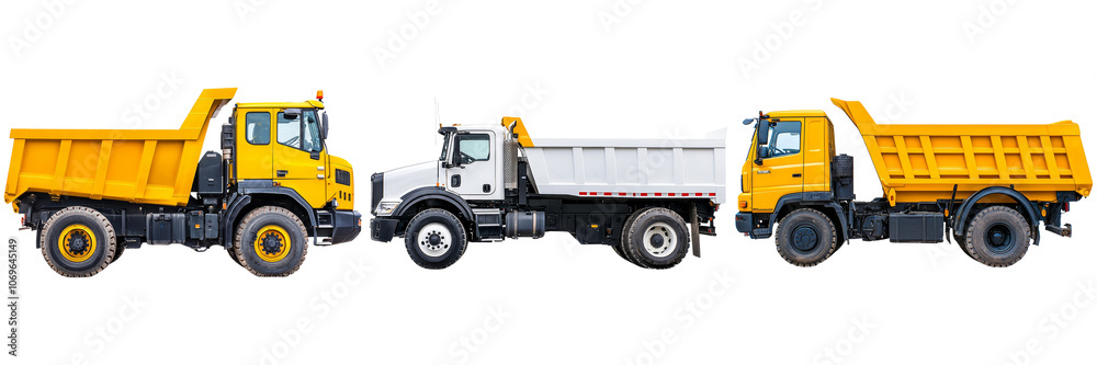 A Comparative Analysis of Three Distinct Dump Trucks on a Black Background A Comparative Analysis of Three Distinct Dump Trucks on a Black Background