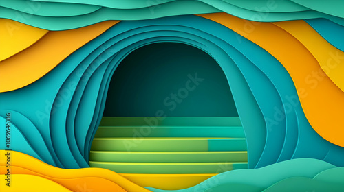 Abstract 3D Background with Green and Yellow Waves and a Podium