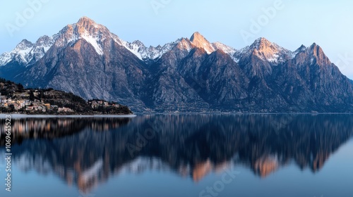 Majestic Mountain Range Reflected in Still Lake at Sunset