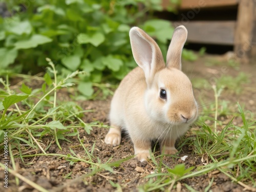 Adorable little rabbit exploring the farm with lush greenery in the background, wildlife