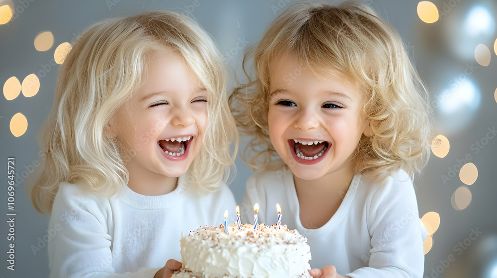 Blonde children laughing in front of a birthday cake Blonde children laughing in front of a birthday cake