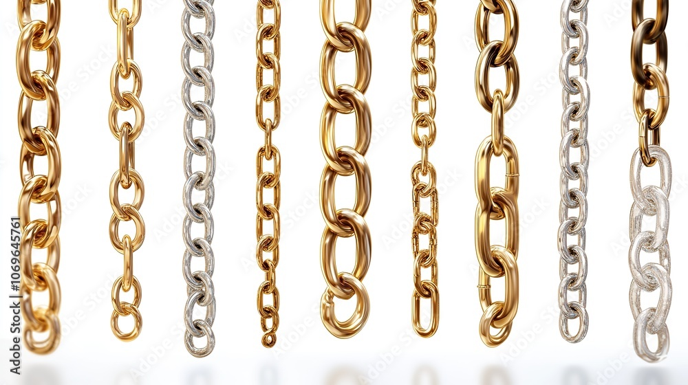 Realistic vector illustrations of golden chains displayed against a white background. Realistic vector illustrations of golden chains displayed against a white background.