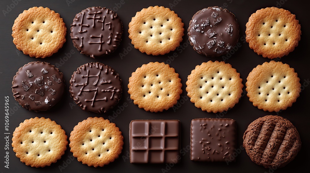 Realistic vector of crispy cracker cookies, including chocolate and salty biscuits, viewed from above.