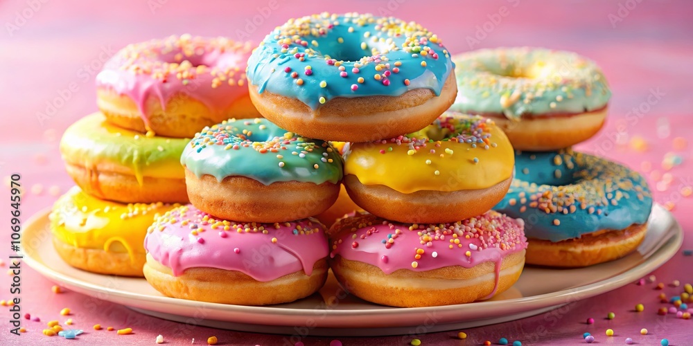 A Tower of Sweetness A Colorful Array of Glazed Donuts with Sprinkles, Ready for a Bite A Tower of Sweetness A Colorful Array of Glazed Donuts with Sprinkles, Ready for a Bite