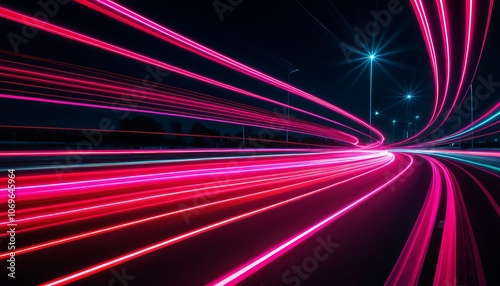 Dynamic night highway with pink light trails and abstract motion blur