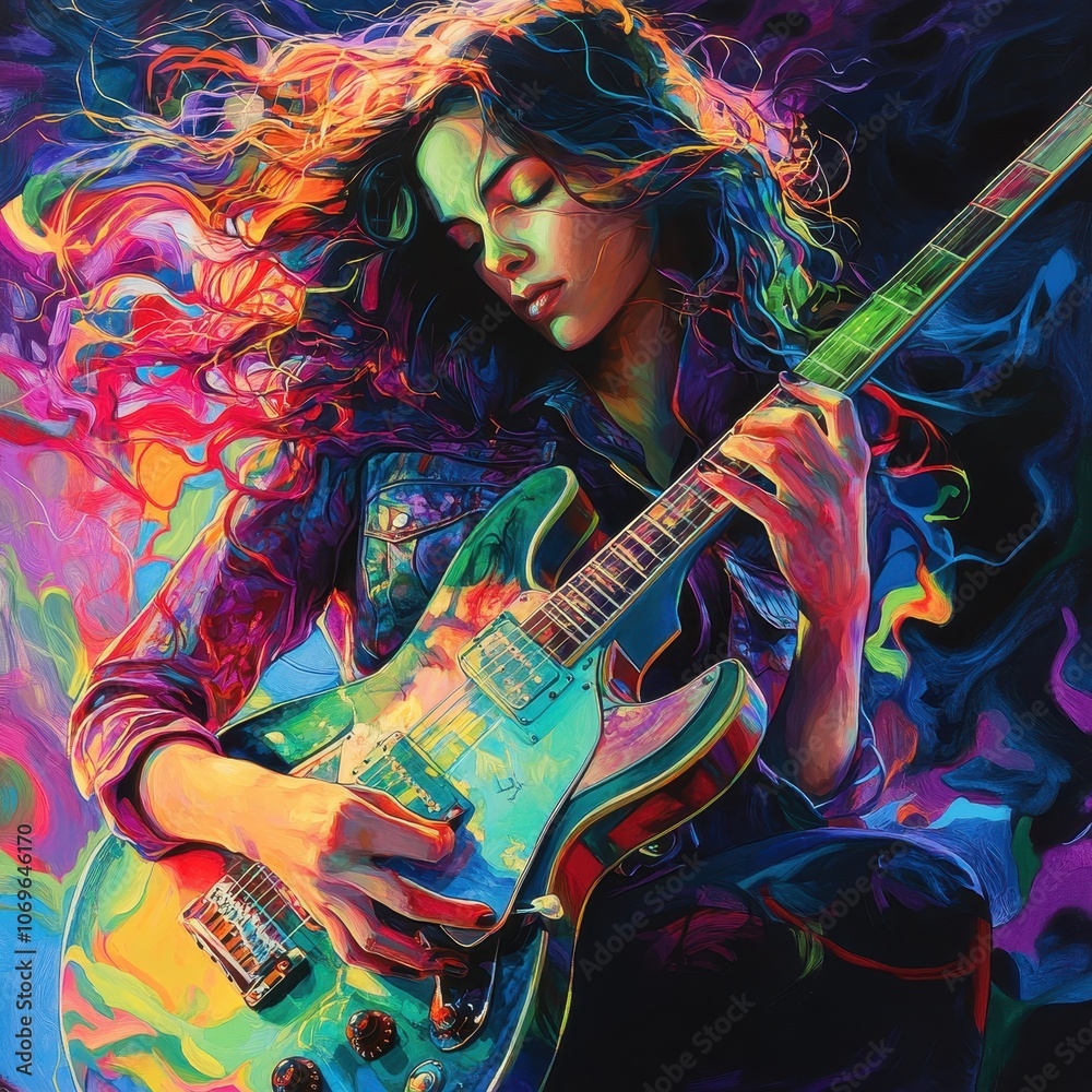 Obraz premium Vibrant Portrait of a Woman Playing Electric Guitar in a Colorful Abstract Style with Dynamic Lighting and Expressive Energy