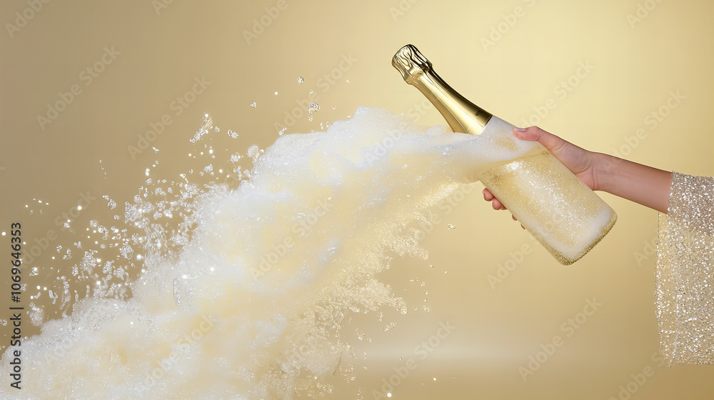 Fototapeta premium Celebrating special moments with sparkling champagne pouring from a golden bottle on a vibrant golden background