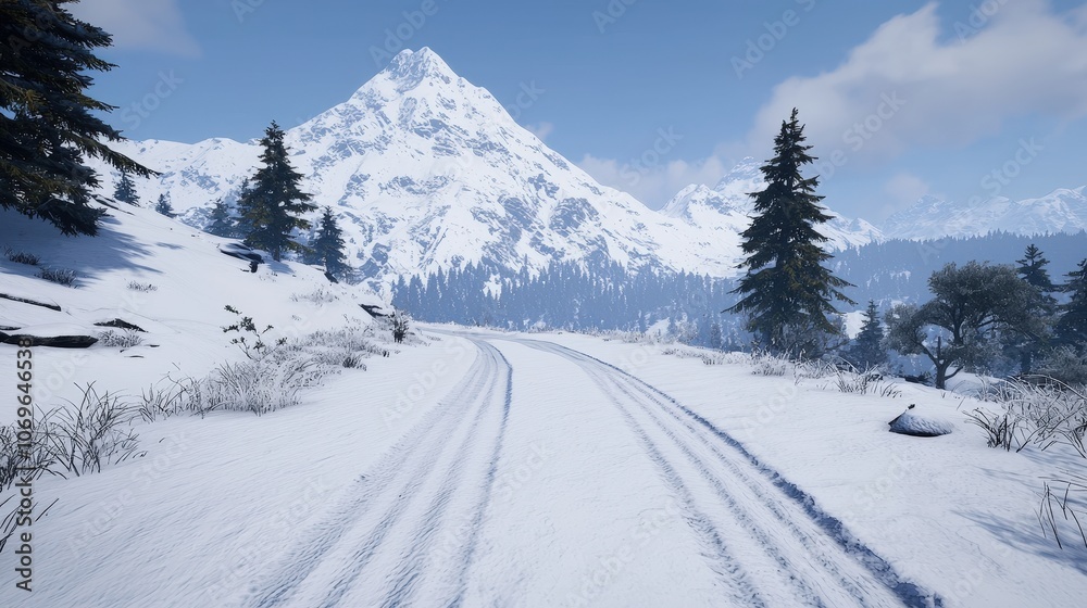 Snowy Mountain Road with Tire Tracks and Pine Trees Winter Landscape Snowy Mountain Road with Tire Tracks and Pine Trees Winter Landscape