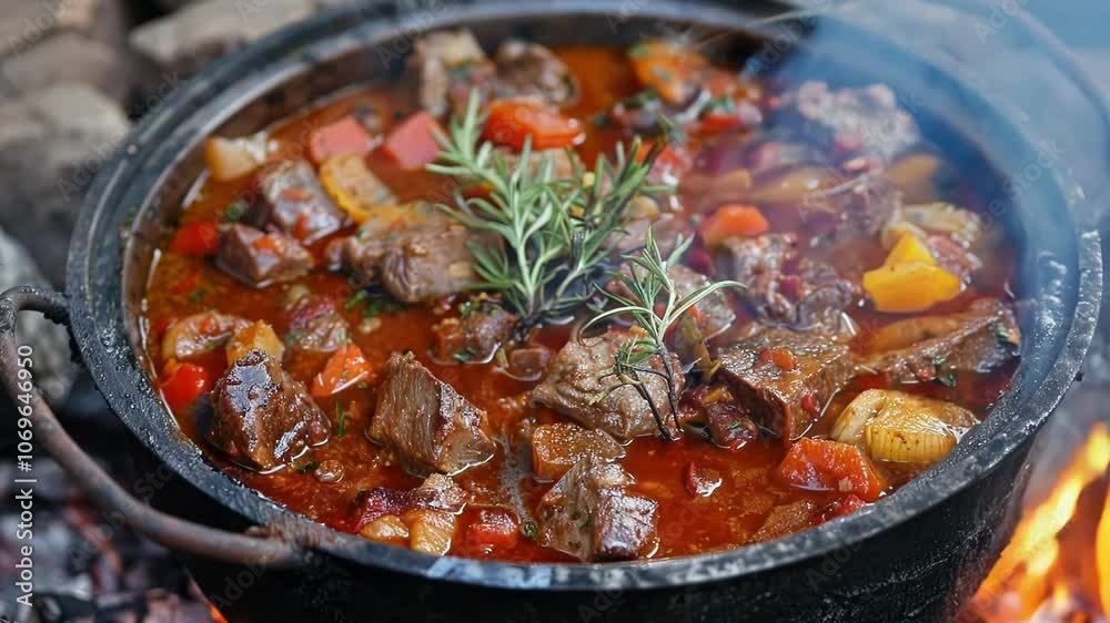 Hearty beef stew with vegetables cooking over campfire, filling air with rosemary aroma. Perfect cozy dinner while camping outdoors Hearty beef stew with vegetables cooking over campfire, filling air with rosemary aroma. Perfect cozy dinner while camping outdoors