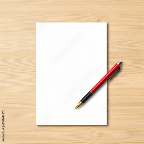 Blank Paper and Red Pen on Wooden Table