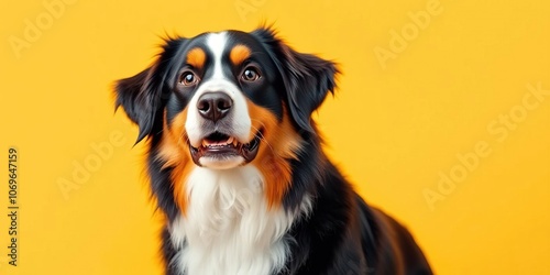 Adorable Bernese mountain dog with a comical expression, standing against a vibrant yellow background, canine, pet